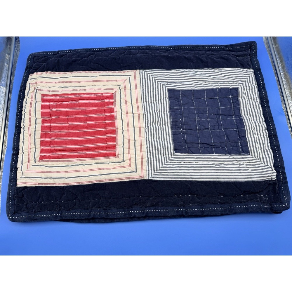 Set Pottery Barn Kids Block Stripe Standard Pillow Shams Pair Navy Red Blue 2012